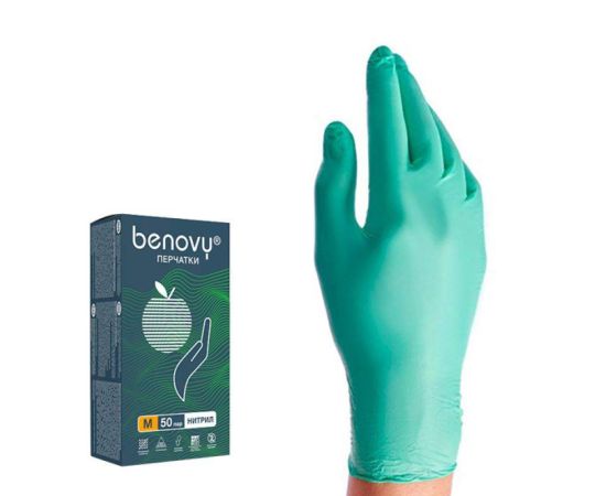 Перчатки нитрил. M Benovy, зеленые, 100 шт/упак.